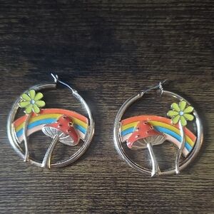 Colorful Mushroom and Rainbow Hoop Earrings